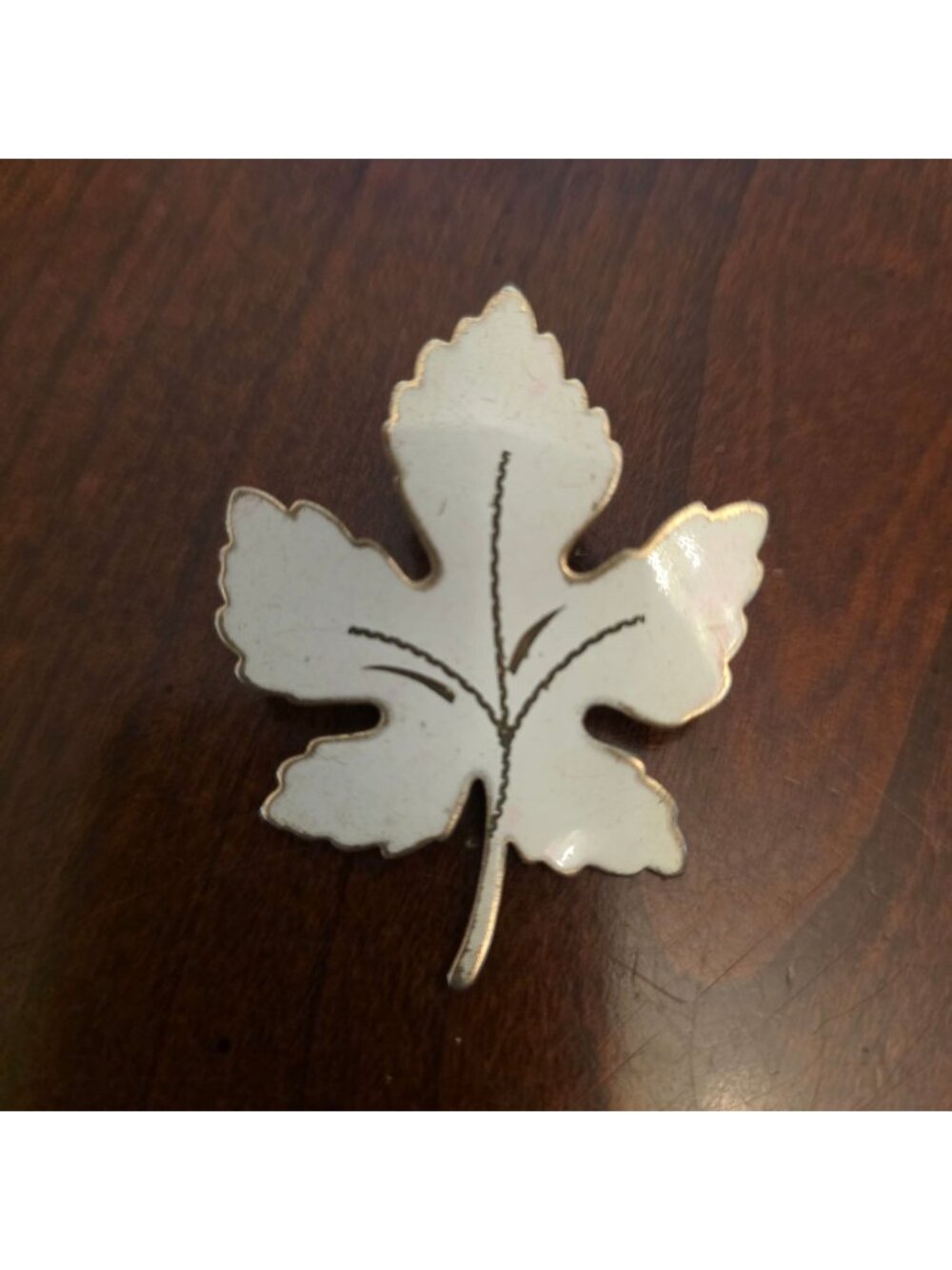 Vintage White Enamel Maple Leaf Brooch Gold-Tone Edging Textured Back